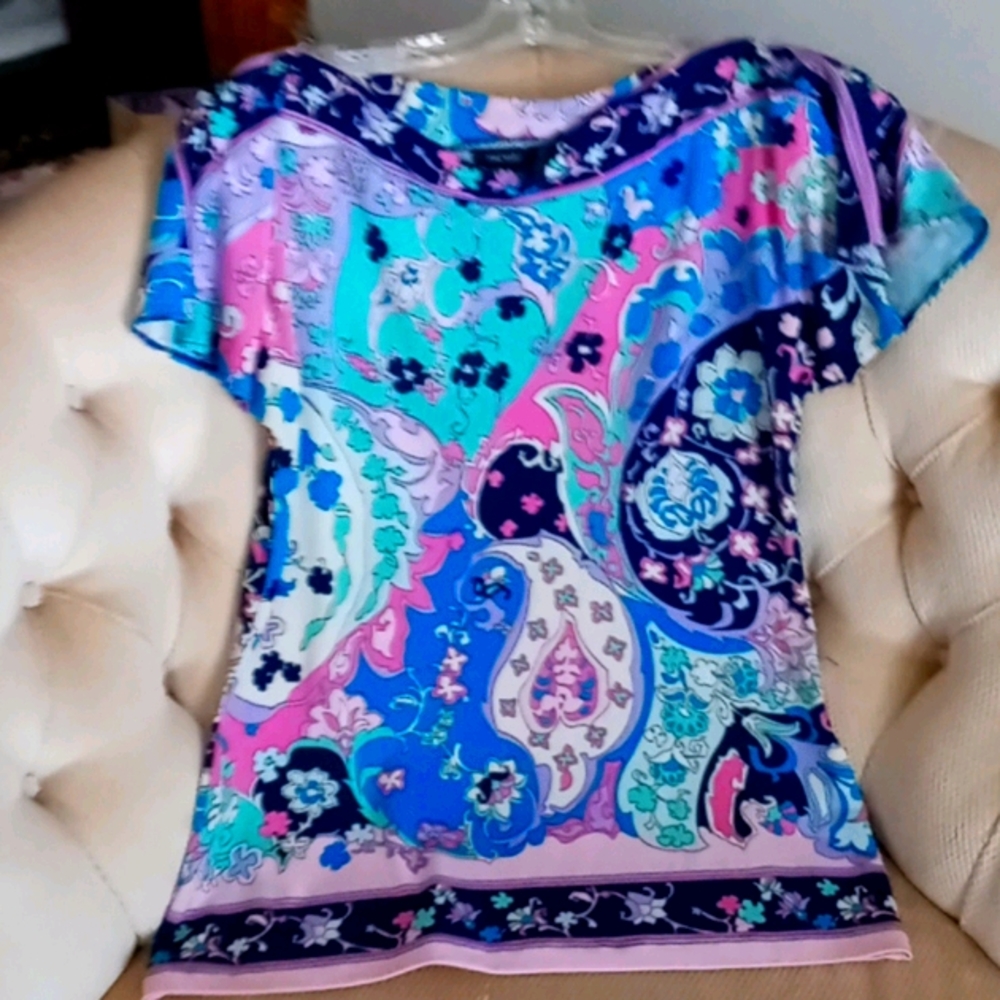 Paisley silky jersey knit boat neck flutter sleeve